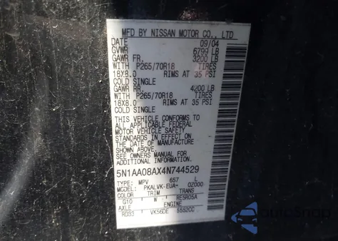 2004 Nissan Armada Se/Le из США, поврежденный, VIN 5N1AA08AX4N744529